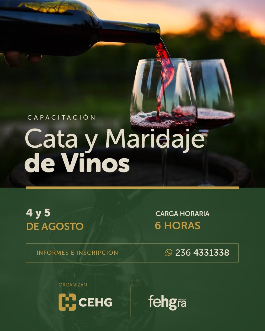 Cata y maridaje de vinos: la Cámara Hotelera Gastronómica de Junín lanza una capacitación presencial con cupos&nbsp;limitados