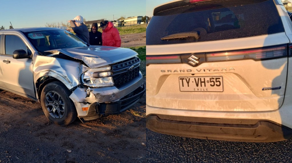 Una Ford Maverick y una Suzuki Vitara protagonizaron un accidente sin heridos en el cruce de la Ruta Nacional 7 y la Provincial 65. En la camioneta chilena viajaban los hinchas liberados tras los incidentes en la cancha de Independiente. (Fotos: EN).