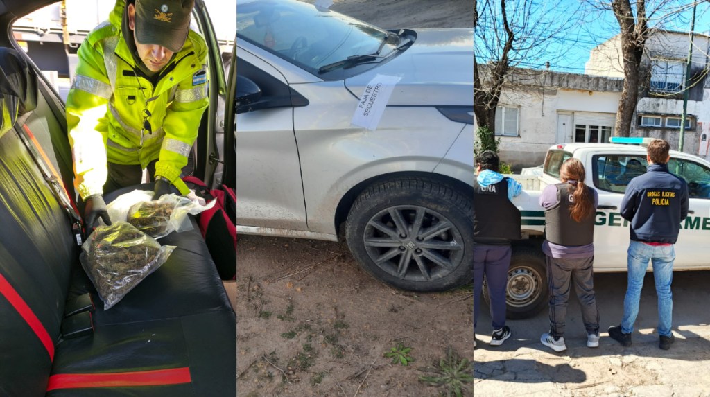 Junín: detuvieron un auto tipo Didi con más de un kilo de marihuana gracias a un perro detector y su guía. (Fotos: EN).